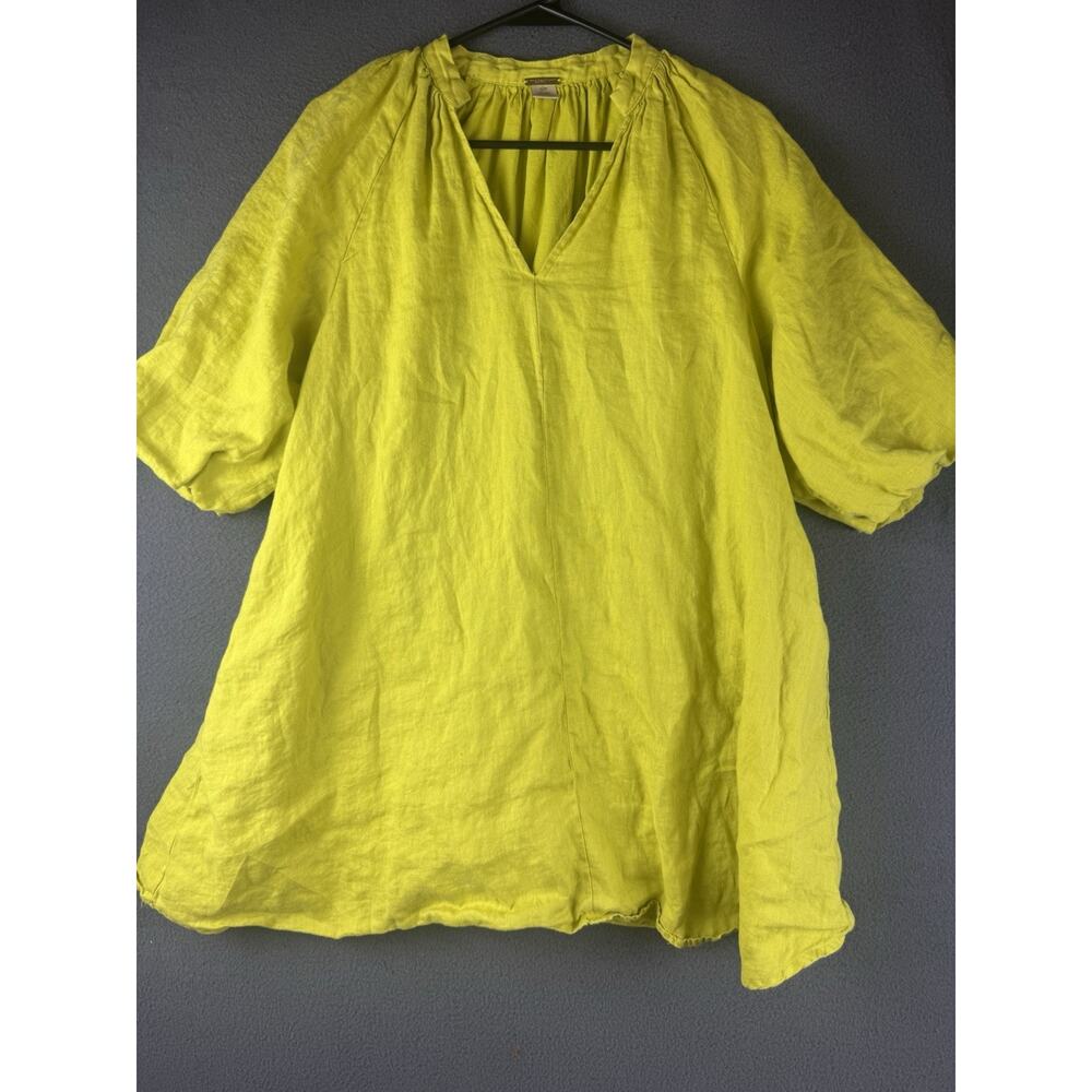 Magaschoni Linen Dress S Lime Green Puff Sleeves Boho Resort Coastal Chic